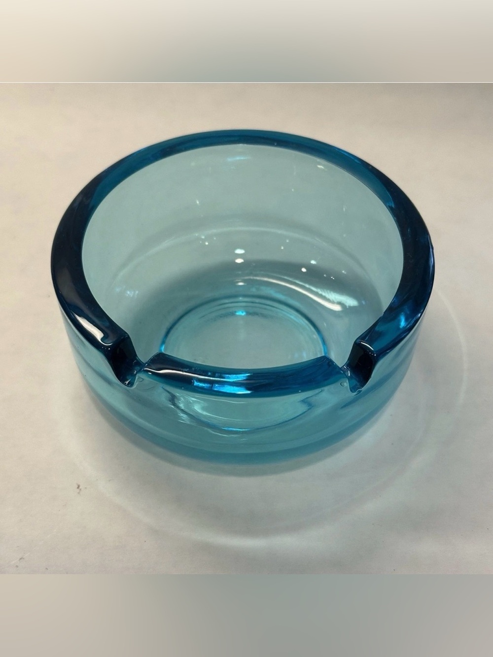 Vintage Hazel Atlas Capri Blue Glass Ashtray 2-Slot 1960s UV Manganese Glow MCM